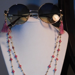 Summertime!  Sunglasses lanyard, Eyeglass Holder Necklace, Reading Spectacles, Beaded Chain, Womens gift (gold tone)  pink tassel OOAK