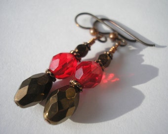 red and copper glass bead earrings