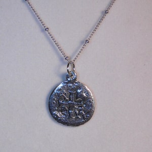 two sided Ancient Cross Coin Pendant Hammered Bohemian silver Pewter necklace delicate chain with satellite beads ball chain 15 inches