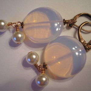 pink moonstone and copper earrings glass pearl