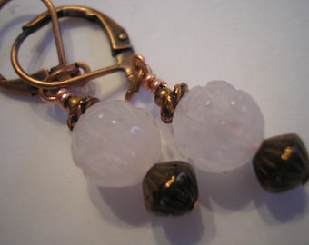 copper rose quartz glass bead earrings