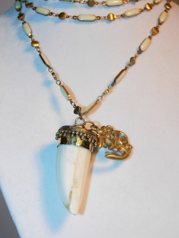 Tribal Spiritual Necklace 36 Inches Brass Ohm And Tusk Horn - Tribal Tusk Pendant Necklace