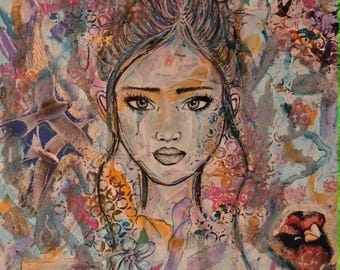 Original Mixed Media Female Portrait Painting on Stretched Canvas 12x12,  Wall Art