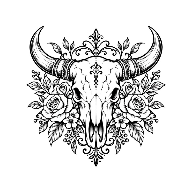 Foral Vector R Ornamental Longhorn Skull and Roses SVG PNG, Western Floral Steer Cut ...