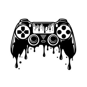 Op de afbeelding: Een zwart-witte grafische illustratie van een videogamecontroller. Het ontwerp bevat een effect van zwarte vloeistof die over het oppervlak van de controller druipt, waarbij de richtingspad en knoppen zijn weergegeven in strakke witte lijnen.