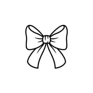 May include: A black and white line art illustration of a decorative bow. The design features two symmetrical loops and two downward-pointing ribbon tails, all defined by clean, bold black outlines against a plain white background.