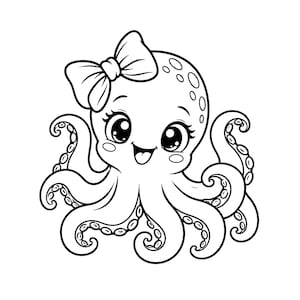 Puede incluir: Una ilustración de arte lineal en blanco y negro de un pulpo de dibujos animados con ojos grandes, una boca ancha sonriente y un lazo en la cabeza. El pulpo tiene ocho tentáculos con ventosas visibles y patrones circulares en la cabeza.