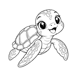 May include: A black and white line art illustration of a baby sea turtle with large expressive eyes, a smiling mouth, and a patterned shell. The turtle is depicted in a swimming pose with detailed scales on its flippers and head, rendered in clean, bold outlines.