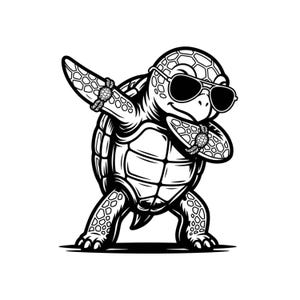 Peut inclure: Une illustration graphique en noir et blanc d'une tortue de mer effectuant une pose de dab. La tortue porte des lunettes de soleil sombres et présente des motifs de carapace détaillés sur le dos et les membres, dans un style linéaire.