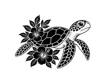 May include: A black and white graphic illustration of a sea turtle swimming. The turtle features a detailed shell pattern and is surrounded by two large hibiscus flowers with pointed leaves, creating a balanced and symmetrical composition.