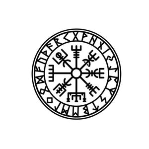 May include: A black and white circular graphic design featuring a central Vegvisir symbol with eight distinct staves radiating from a center point, enclosed within a border containing a sequence of runic characters arranged in a ring formation.