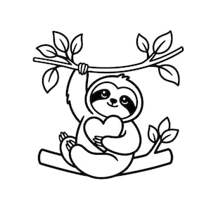 May include: A black and white line art illustration of a sloth hanging from a tree branch. The sloth has a smiling face and is holding a heart shape against its chest. The branch features several simple leaves extending from the main stem.
