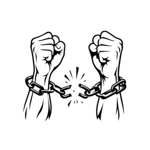 May include: A black and white graphic illustration featuring two clenched fists raised upward, each encircled by a metal chain. The chain links are broken in the center, with small radiating lines indicating the point of separation and impact.