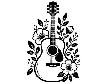 Floral Guitar SVG PNG, Acoustic Wildflower Music Clipart (Digital Download)