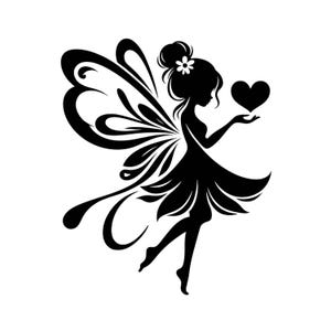 May include: A black silhouette graphic of a fairy with large, ornate wings and a hair bun adorned with a small flower. The fairy is depicted in profile, extending one hand to hold a solid black heart shape, wearing a dress with a flared skirt.