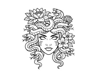 Floral Medusa SVG PNG, griechische Mythologie Cut File, Botanische Line Art Grafik (digitaler Download)