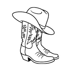 May include: A black and white line art illustration featuring a pair of tall cowboy boots with decorative stitching patterns on the shafts, positioned directly beneath a wide-brimmed cowboy hat with a creased crown and a simple hatband.