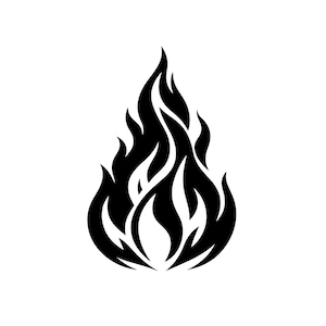 May include: A solid black graphic illustration of a stylised flame. The design features sharp, pointed edges and curved, flowing lines that taper towards the top, creating a symmetrical representation of fire with negative space cutouts.