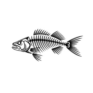 May include: A black and white graphic illustration of a fish skeleton. The design features a detailed skull with sharp teeth, a prominent spinal column, and extended rib bones. The fins and tail are depicted with sharp, pointed lines.