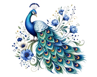 Floral Peacock PNG, Botanical Bird Silhouette, Whimsical Feathers Clipart (Digital Download)