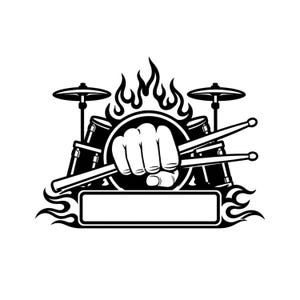 May include: A black and white graphic illustration featuring a clenched fist holding two drumsticks. The design includes a drum kit silhouette, stylised flames surrounding the central circle, and a blank rectangular banner at the bottom.