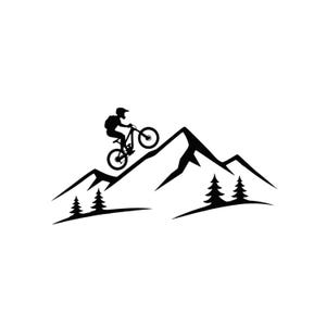 May include: A black silhouette graphic design featuring a cyclist riding a mountain bike up a steep mountain peak. The scene includes stylized evergreen trees at the base of the mountain range, creating a clean, high-contrast outdoor adventure motif.