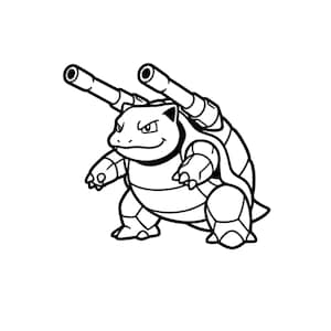 May include: A black and white line art illustration of a bipedal turtle creature with two large cannons mounted on its shell. The creature has a thick, segmented shell, clawed feet, and a determined facial expression with narrow eyes.