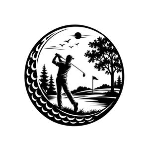 Puede incluir: Un diseño gráfico circular en blanco y negro con la silueta de una pelota de golf que contiene una escena de un golfista balanceando un palo en un campo con árboles, una bandera y pájaros volando bajo un sol, enmarcado por hoyuelos.