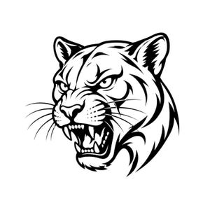 Puede incluir: Una ilustración gráfica en blanco y negro de una cabeza de pantera gruñendo. El diseño presenta líneas audaces y limpias que representan al felino con la boca abierta, revelando dientes afilados, ojos enfocados y largos bigotes sobre un fondo liso.