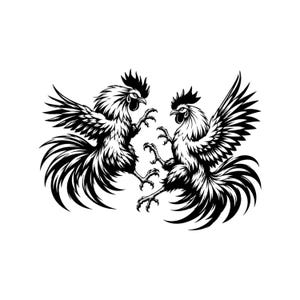 May include: A black and white graphic illustration featuring two roosters in a dynamic stance, facing each other with wings spread wide, sharp talons extended, and detailed plumage, rendered in a high-contrast ink style on a plain white background.