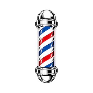 May include: A cylindrical barber pole featuring a classic design with diagonal stripes in red, white, and blue. The top and bottom ends are capped with polished silver-toned metallic domes and decorative rings, creating a clean, vertical aesthetic.