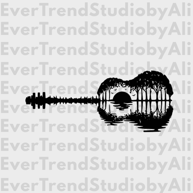 May include: A black silhouette graphic design shaped like an acoustic guitar. The body of the guitar features a landscape with trees, a sun, and a reflection in water. The neck of the guitar is formed by a jagged, sound wave-like pattern.