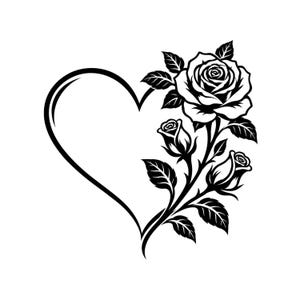 Peut inclure: Une illustration graphique en noir et blanc représentant le contour d'un cœur sur la gauche, avec un groupe de trois roses et plusieurs feuilles s'étendant sur le côté droit, le tout réalisé dans un style de dessin au trait contrasté.