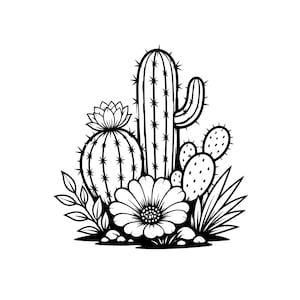 Puede incluir: Una ilustración de arte lineal en blanco y negro que presenta un cactus saguaro alto, un cactus de barril redondo con una flor en la parte superior, un nopal, una flor central grande y follaje dispuestos en un grupo botánico denso.