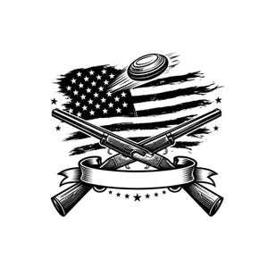 May include: A black and white graphic illustration featuring two crossed shotguns positioned in front of a distressed American flag. A flying clay target is depicted above the firearms, and a blank ribbon banner sits below the crossed barrels.