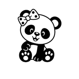 May include: A black and white graphic decal featuring a cartoon panda bear sitting down. The panda has large round ears, dark eye patches, a small nose, and a smiling mouth. A bow with a polka dot pattern is positioned on the top of the head.
