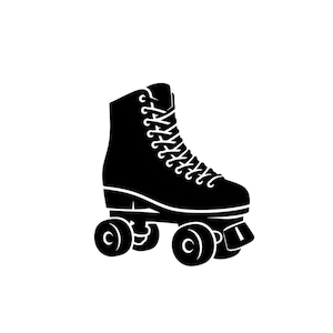 May include: A black and white graphic illustration of a high-top roller skate. The design features a solid black boot with white lace detailing and four wheels positioned underneath. The skate is depicted from a side profile view with a clean outline.