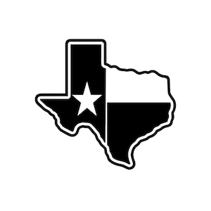 Può includere: Un'illustrazione grafica in bianco e nero dello stato del Texas. Il design presenta una barra verticale nera solida sul lato sinistro contenente una grande stella bianca a cinque punte, mentre il lato destro è diviso in due sezioni orizzontali.