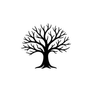 May include: A black silhouette of a leafless tree with a thick trunk and numerous spreading branches. The tree is depicted against a plain white background, showcasing a symmetrical structure with intricate, bare twigs extending outward.