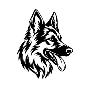 Könnte beinhalten: Eine schwarz-weiße grafische Illustration eines Deutschen Schäferhundkopfes im Profil. Der Hund hat spitze Ohren, wache Augen und ein offenes Maul mit heraushängender Zunge, dargestellt in kontrastreichen, soliden schwarzen Formen auf weißem Grund.