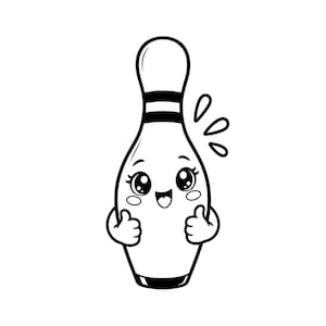 Op de afbeelding: Een zwart-wit lijntekening van een bowlingpin-personage met een lachend gezicht, grote expressieve ogen en roze wangen. Het personage heeft twee kleine armen die een duim omhoog geven, met drie druppelvormen die ernaast zweven.
