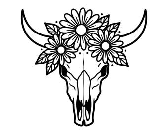 Floral Kuh Schädel SVG PNG, Western Boho Blüte Clipart (Digital Cut File)