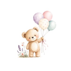 Può includere: Un orsacchiotto marrone chiaro con una macchia color crema sulla pancia che tiene un mazzo di quattro palloncini nelle tonalità viola a pois bianchi, rosa tinta unita, crema con piccoli cuori rosa e azzurro, con piccoli fiori viola e rosa.
