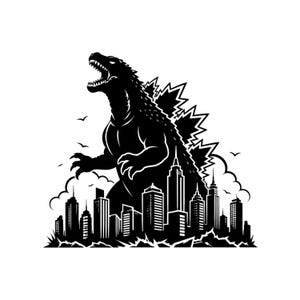 Può includere: Un'illustrazione grafica in bianco e nero raffigurante un grande mostro rettiliano con pinne dorsali frastagliate che sovrasta lo skyline di una città. La creatura ha la bocca aperta e artigli affilati davanti a edifici stilizzati.