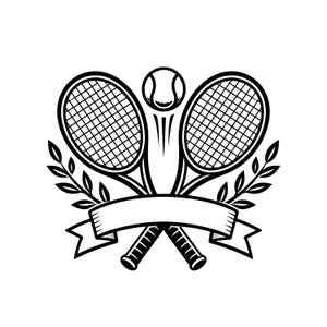 May include: A black and white graphic illustration featuring two crossed tennis rackets positioned behind a blank horizontal banner. A tennis ball is centered above the rackets with motion lines below it, and two laurel leaf branches frame the sides.