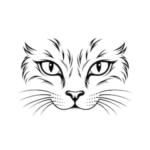 Pode incluir: Uma ilustração gráfica a preto e branco de uma cara de gato com linhas nítidas e estilizadas. O design destaca olhos amendoados, orelhas pontiagudas com pelo farpado, um nariz pequeno e longos bigodes arqueados a partir do focinho.