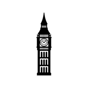 May include: A black silhouette graphic of the Elizabeth Tower, commonly known as Big Ben, featuring a central clock face with hands pointing to approximately ten past ten, a pointed spire, and rectangular window cutouts along the tower structure.