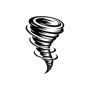 May include: A black and white graphic illustration of a tornado. The design features a swirling funnel cloud with bold, thick lines and high-contrast shading to depict the rotating motion of the wind, tapering down to a sharp point at the base.