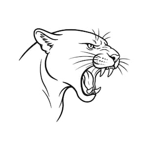 May include: A black and white line art illustration of a snarling panther head in profile. The big cat is depicted with its mouth wide open, revealing sharp teeth and fangs, with detailed whiskers and focused eyes facing toward the right side.
