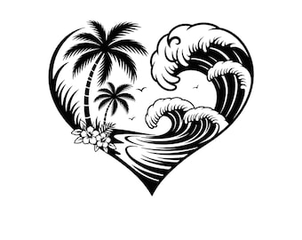 Heart Palm Tree Ocean SVG, Tropical Beach Silhouette Clipart (Digital Download)